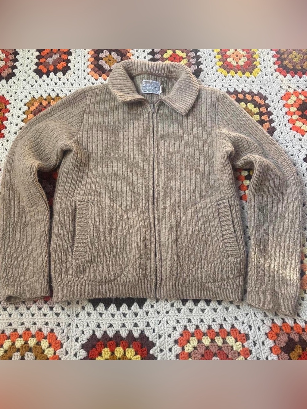 Vintage 70s Pendleton Brown Wool Zip-Up cardigan Sweater small